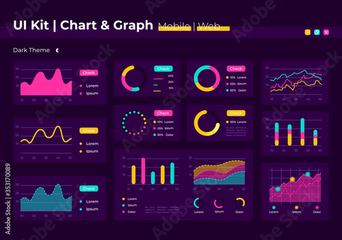 Chart UI elements kit. Diagram for data analysis. Graph isolated vector icon, bar and dashboard template. Web design widget collection for mobile application with dark theme interface