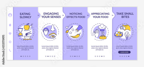 Healthy eating habits onboarding vector template. Engaging senses, appreciating food, taking small bites. Responsive mobile website with icons. Webpage walkthrough step screens. RGB color concept