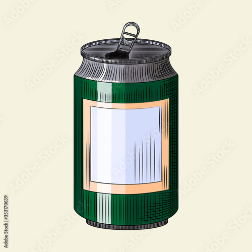 Beverage can isolated on light background. Hand drawn green beer can template.