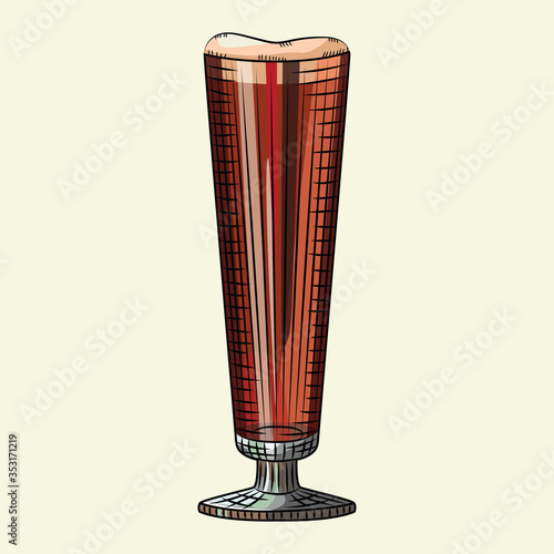 Hand drawn full glass of dark beer with foam isolated on light background. Alcohol drink banner.