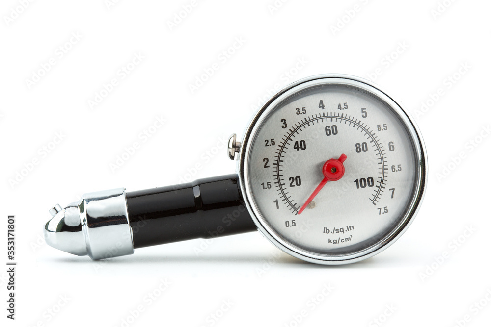 closeup Tire Pressure Gauge isolated on white background closeup Tire Pressure Gauge isolated on white background