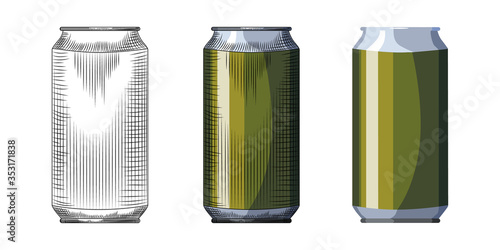 Hand drawn beer can template. Beverage green can isolated on white background.