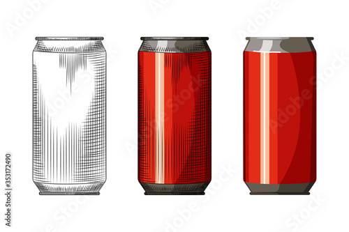 Beverage red can isolated on white background. Hand drawn beer can template. Vintage engraved style vector illustration.
