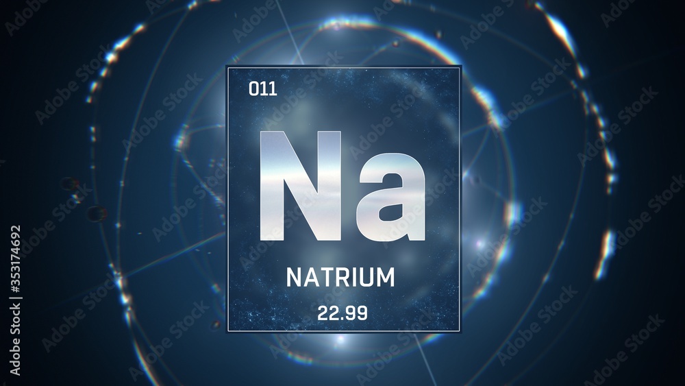 Obraz premium 3D illustration of Neon as Element 10 of the Periodic Table. Silver illuminated atom design background orbiting electrons name, atomic weight element number in German language