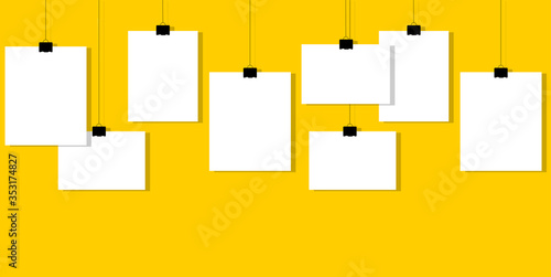yellow sticky notes. White sheets of paper on a yellow background
