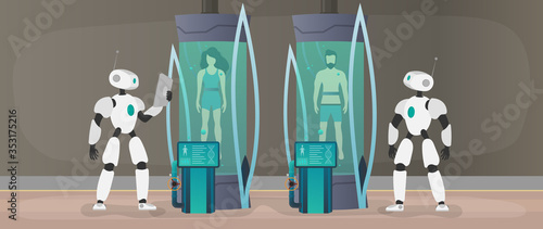 Collonization of the planets. The robot checks the condition of the human. Futuristic laboratory with cryogenic capsules. Cryon technology for humans or the cryogenic chamber of an astronaut. Vector.
