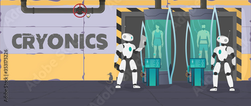 Futuristic cryogenic banner with capsules or containers. Cryon technology for humans or the cryogenic chamber of an astronaut. Sci-fi astronaut sleep mode. Cartoon style Vector.