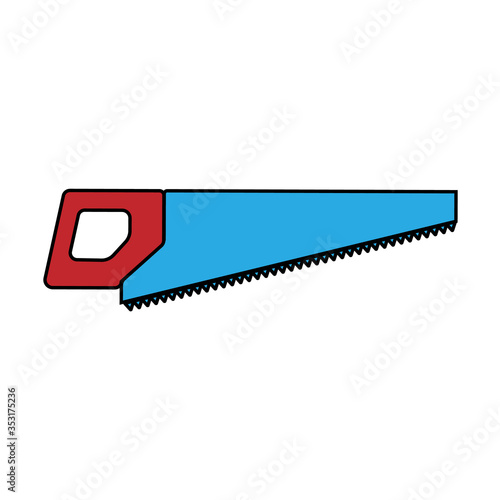 Acute construction blue and red metal icon of a hand saw, wood saws with prongs and a handle for cutting wood. Construction tool. Vector illustration