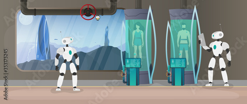 Collonization of the planets. The robot checks the condition of the human. Futuristic laboratory with cryogenic capsules. Cryon technology for humans or the cryogenic chamber of an astronaut. Vector.