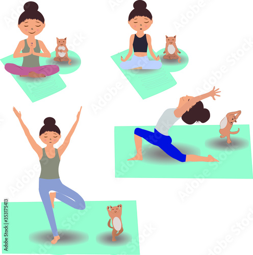 Stay home funny yoga with little cat vector character illustraiton