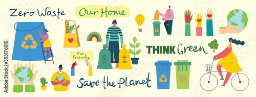 Set of eco save environment pictures. people taking care of planet. Zero waste, think green, save the planet, our home handwritten text.