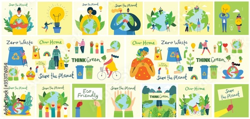 Big set of eco save environment pictures. people taking care of planet. Zero waste, think green, save the planet, our home handwritten text.