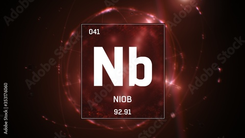 3D illustration of Niobium as Element 41 of the Periodic Table. Red illuminated atom design background orbiting electrons name, atomic weight element number in German language photo