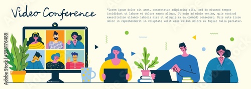 Video conference online business meetup. People use video chat on desktop and laptop to make conference. Flat modern vector illustration.