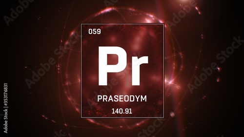 3D illustration of Praseodymium as Element 59 of the Periodic Table. Red illuminated atom design background orbiting electrons name, atomic weight element number in German language photo