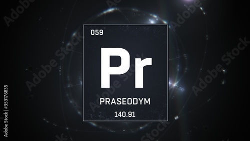 3D illustration of Praseodymium as Element 59 of the Periodic Table. Silver illuminated atom design background orbiting electrons name, atomic weight element number in German language photo