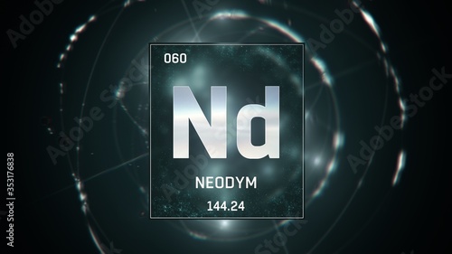 3D illustration of Neodymium as Element 60 of the Periodic Table. Green illuminated atom design background orbiting electrons name, atomic weight element number in German language photo