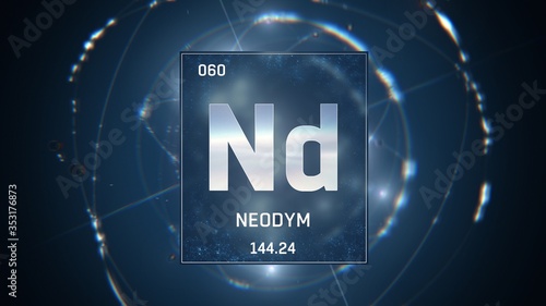 3D illustration of Neodymium as Element 60 of the Periodic Table. Blue illuminated atom design background orbiting electrons name, atomic weight element number in German language photo