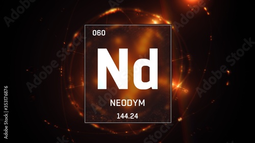 3D illustration of Neodymium as Element 60 of the Periodic Table. Orange illuminated atom design background orbiting electrons name, atomic weight element number in German language photo