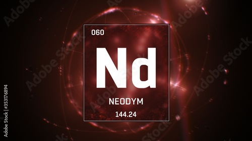 3D illustration of Neodymium as Element 60 of the Periodic Table. Red illuminated atom design background orbiting electrons name, atomic weight element number in German language photo