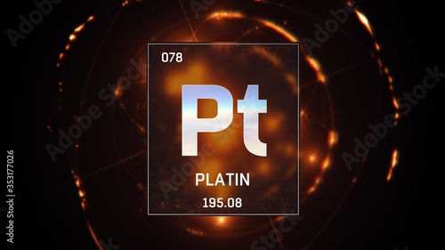 3D illustration of Platinum as Element 78 of the Periodic Table. Orange illuminated atom design background with orbiting electrons name atomic weight element number in German language photo