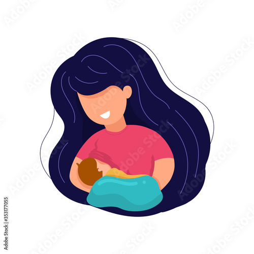Vector cartoon illustration of Beautiful mother breastfeeding her baby child holding him in hands. Breastfeeding illustration, mother feeding a baby with breast with nature and leaves background.