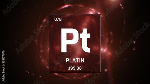 3D illustration of Platinum as Element 78 of the Periodic Table. Red illuminated atom design background with orbiting electrons name atomic weight element number in German language photo