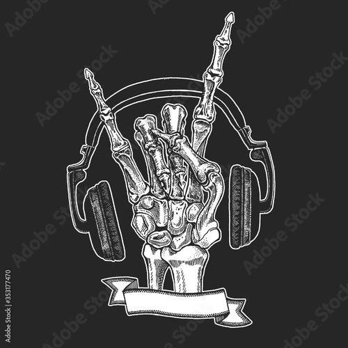 Rock heavy metal, hard rock music skeleton hand symbol. Vector icon.