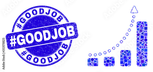 Geometric fast growing trend mosaic icon and #Goodjob seal stamp. Blue vector round distress stamp with #Goodjob title. Abstract mosaic of fast growing trend created of sphere, tringle,