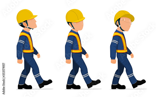 Three industrial workers are walking on white background