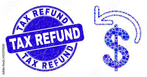 Geometric dollar refund mosaic icon and Tax Refund seal. Blue vector rounded distress seal with Tax Refund text. Abstract mosaic of dollar refund constructed of spheric, triangles,