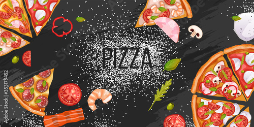 Tasty pizza banner with slices, tomatoes, mushrooms, shrimps, flour. Italian food concept in realistic style on black background. Pizzeria illustration for advertisements, menus, flyers.