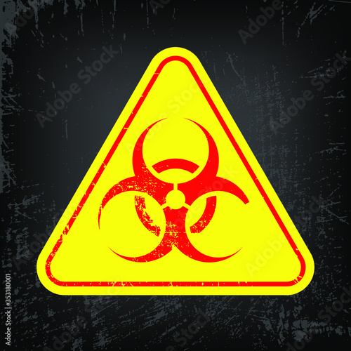 Bacteriological hazard red sign on yellow triangle. Bio Toxic rubber sign. Concept of  Bacteriological hazard  on gray grunge background for your web site design, logo, app. EPS 10.