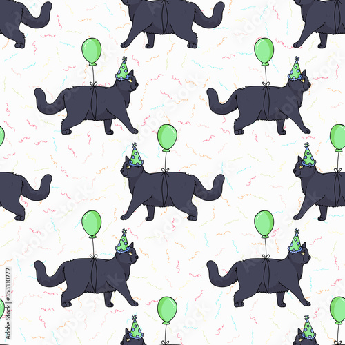 Cute cartoon British shorthair cat with party hat seamless vector pattern. Pedigree kitty breed domestic celebration background. Cat lover English purebred all over print. Feline EPS 10. 