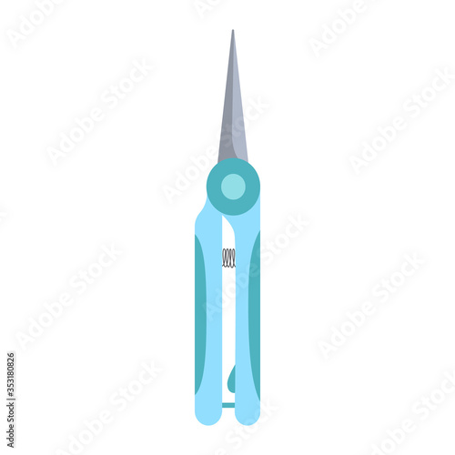 Metal garden orchid scissors sisolated on white background. Garden clipper. Blue scissors for trimming in flat design.