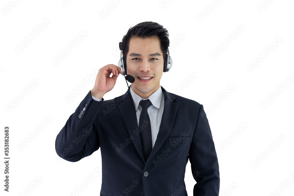 Clipping Path, Handsome young male with microphone in a call centre operator on white background. Clipping Path, Handsome young male with microphone in a call centre operator on white background.