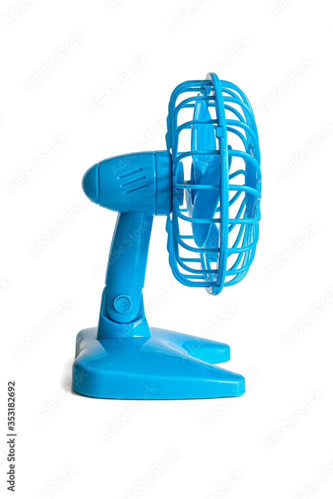 Small blue plastic fan with a propeller on white Small blue plastic fan with a propeller on white