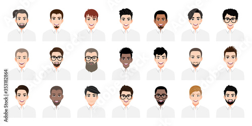 Cartoon character with a set of young men with different hairstyles and color flat icon style design vector