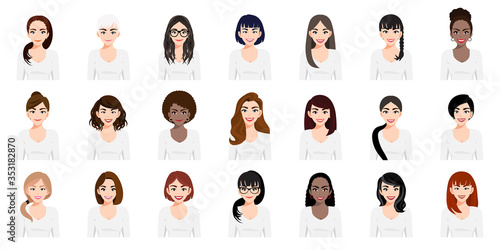 Cartoon character with a set of cute girls with different hairstyles and color flat icon style design vector