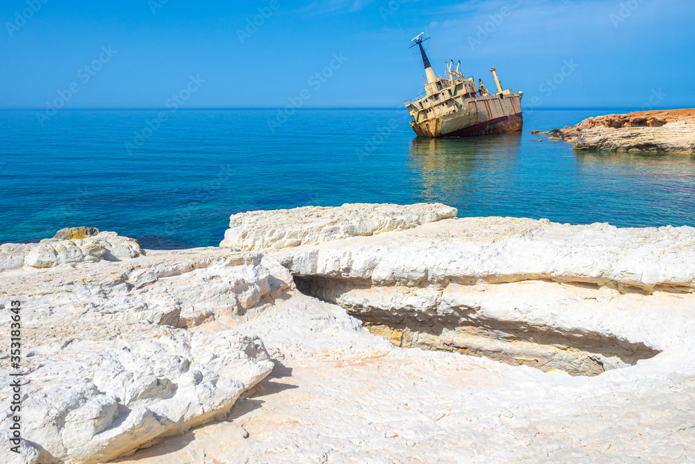 Cyprus. Paphos. Sunken ship. The ship crashed. Traveling in the Republic of Cyprus. Sights of the city of Paphos. Travel to the islands of the Mediterranean. Travel agency in Cyprus. Cruises
