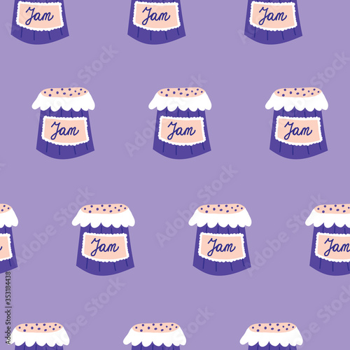 Blueberry jam seamless vector pattern. Repeating pattern with blueberry preserve jars. Use for fabric, gift wrap, packaging