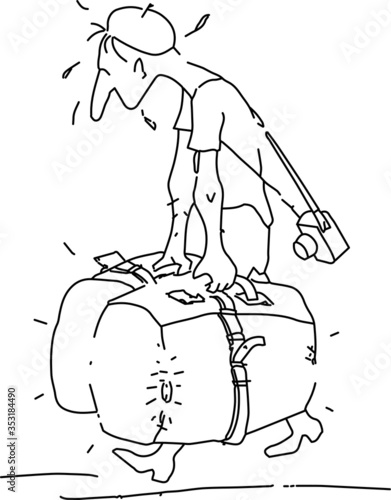 Sketch of a sweaty tourist with two huge suitcases and a camera