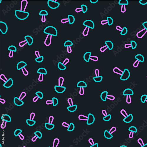 Line Psilocybin mushroom icon isolated seamless pattern on black background. Psychedelic hallucination. Vector Illustration.