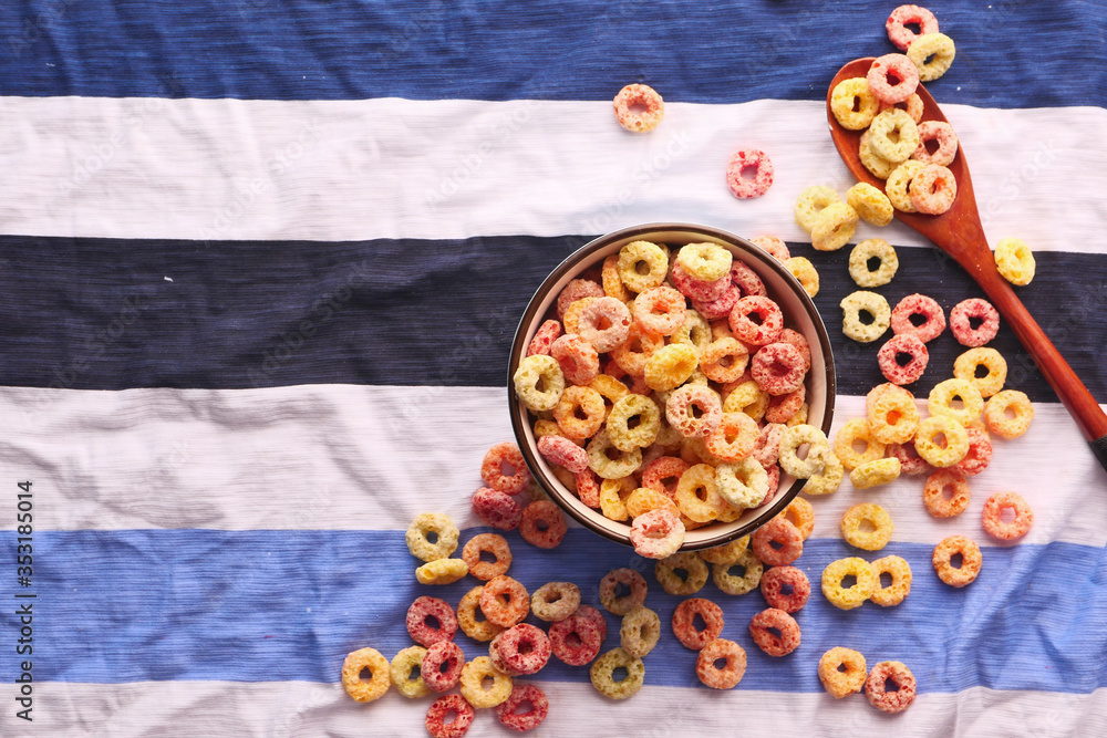 colorful ring corn flakes on table cloth 