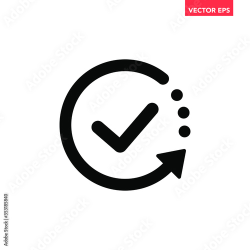 Black round checking process sync approved icon, simple turning arrows syncing flat design pictogram vector for app logo ads web webpage button ui ux interface elements isolated on white background