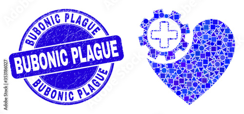 Geometric heart gear mosaic pictogram and Bubonic Plague stamp. Blue vector rounded grunge stamp with Bubonic Plague title. Abstract concept of heart gear organized of sphere, triangles,