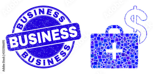 Geometric medical business case mosaic pictogram and Business stamp. Blue vector rounded distress stamp with Business phrase. Abstract mosaic of medical business case composed of spheric, triangles,