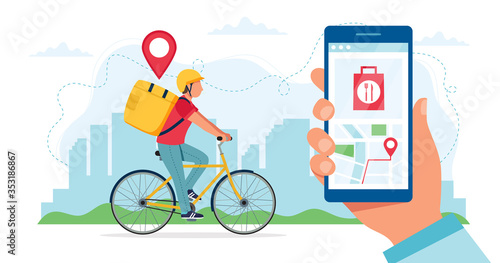 Bike delivery service concept, courier character riding bicycle with delivery box, hand holding smartphone with location. Vector illustration in flat style