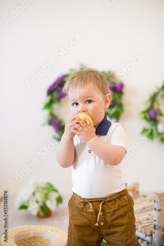 Little boy in a spring studio decorated with lilac flowers and lemons. Blooming spring