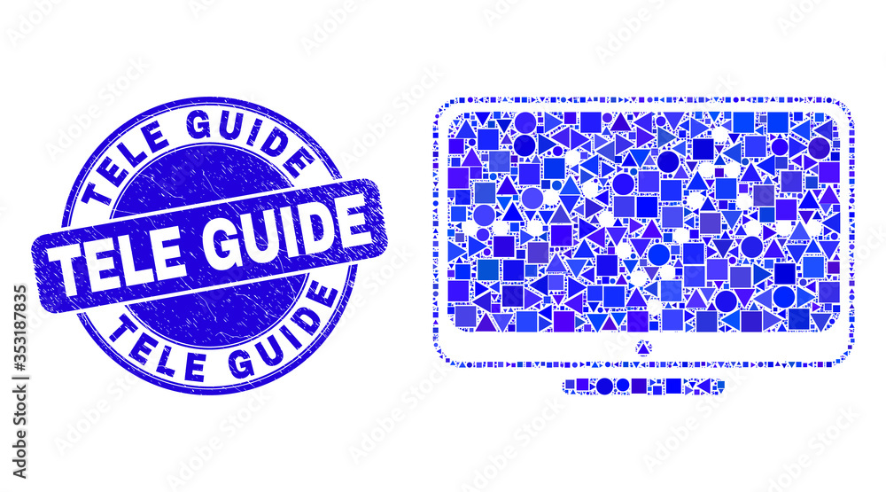 Geometric online dotted chart mosaic pictogram and Tele Guide seal. Blue vector round textured seal stamp with Tele Guide caption. Abstract mosaic of online dotted chart combined of sphere, tringle, Geometric online dotted chart mosaic pictogram and Tele Guide seal. Blue vector round textured seal stamp with Tele Guide caption. Abstract mosaic of online dotted chart combined of sphere, tringle,